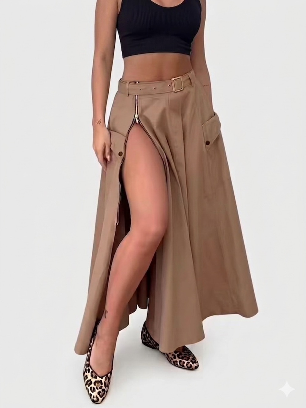 High Waisted Cargo Maxi Skirt Belted Side Zipper Slit Khaki